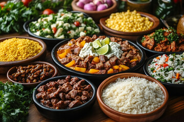 Colorful Food Feast Featuring Generative AI Rendered Dishes on a Vibrant Table Setting with Rice, Beans, and Seasonal Delights