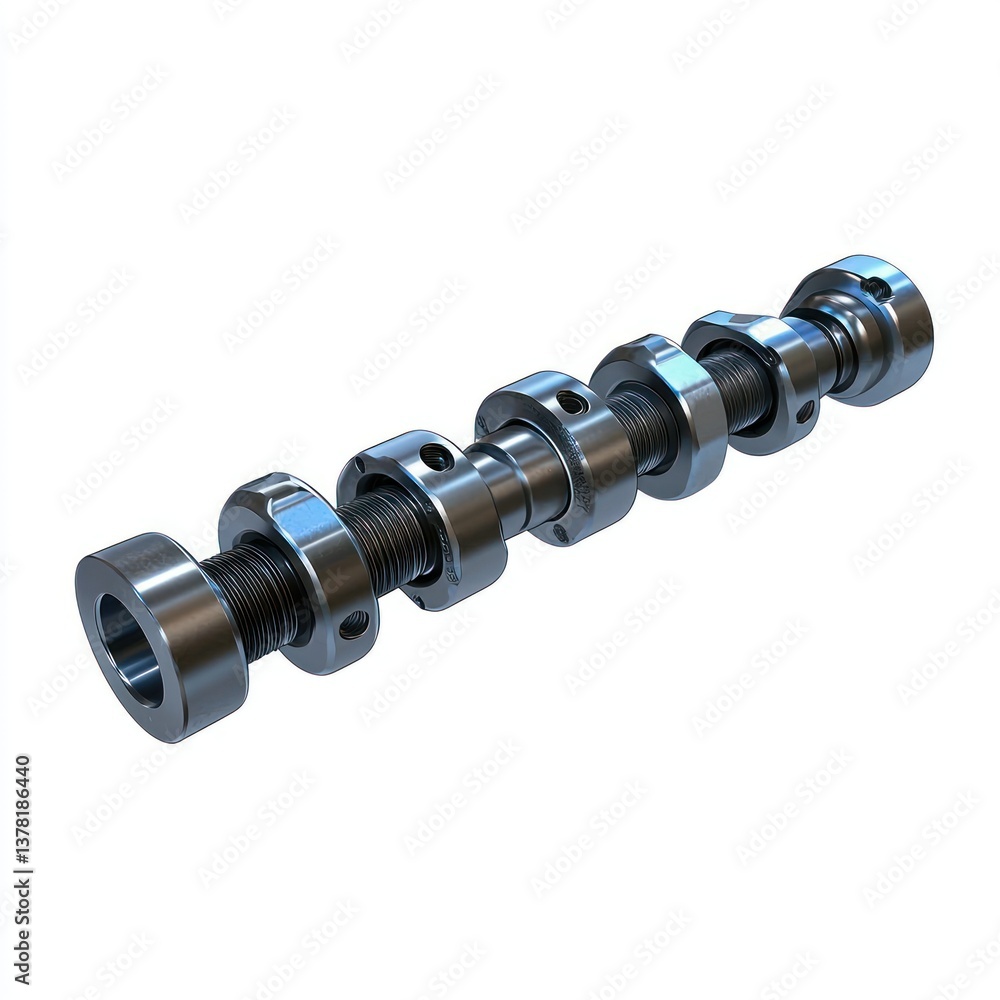 Poster detailed close-up of a precision engine camshaft with various profiles and textures for mechanical a