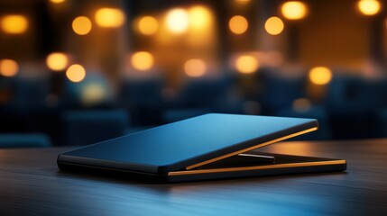A sleek blue notebook rests on a wooden table, with soft bokeh lights in the background creating a cozy atmosphere, This image can be used for promotions, blogs
