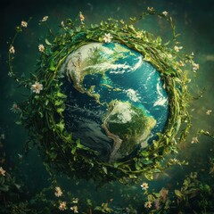 Fototapeta premium A lush, green globe wrapped in vines and flowers symbolizes sustainability and environmental awareness, Ideal for campaigns, educational materials
