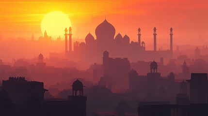 Obraz premium Sunset over hazy Indian city, mosque silhouette