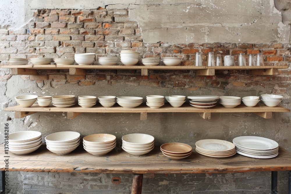Poster a rustic shelf displays an assortment of ceramic bowls and plates against a textured brick wall, cre