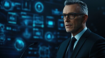 A confident professional stands in a business setting, gazing thoughtfully at digital data displays, This image can be used for corporate presentations, articles on leadership