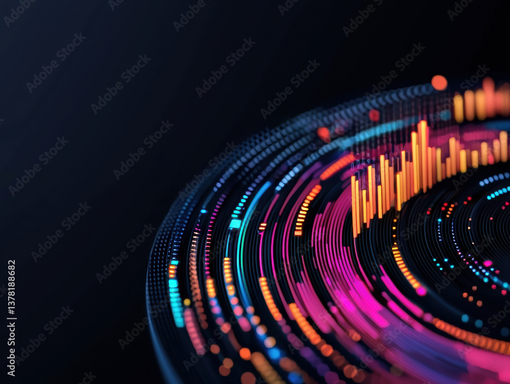 Poster a vibrant, abstract representation of sound waves, featuring colorful patterns and circular lines ag