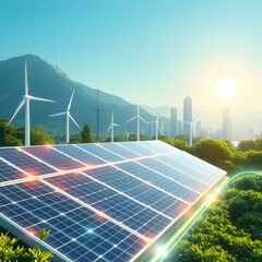 Sustainable Energy: Solar Panels and Wind Turbines Powering a Green Cityscape Under a Bright Sunny Sky                  