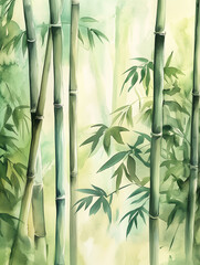 Watercolor Bamboo Forest Illustration, Serene Nature Art, Asian Design, Green Botanical Grove