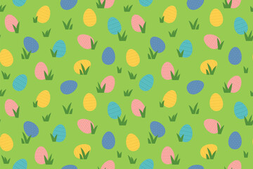 colorful easter eggs in the grass; concept of egg hunt which is a game typically played during Easter- vector illustration