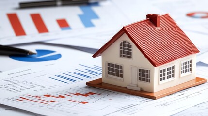 Real Estate Investment House Model on Financial Charts and Graphs