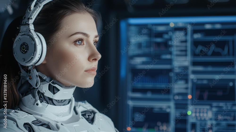 Poster a futuristic humanoid robot with an expressive face, wearing headphones, focuses intently on advance