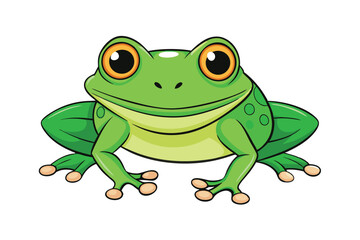 Fototapeta premium Cartoon Green Frog Standing with Orange Eyes on White Background | Amphibian