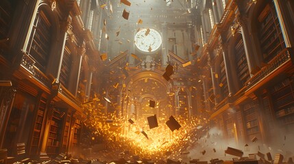 Obraz premium an ancient library lost in time, towering bookshelves, golden light filtering through stained glass, floating pages dancing in the air