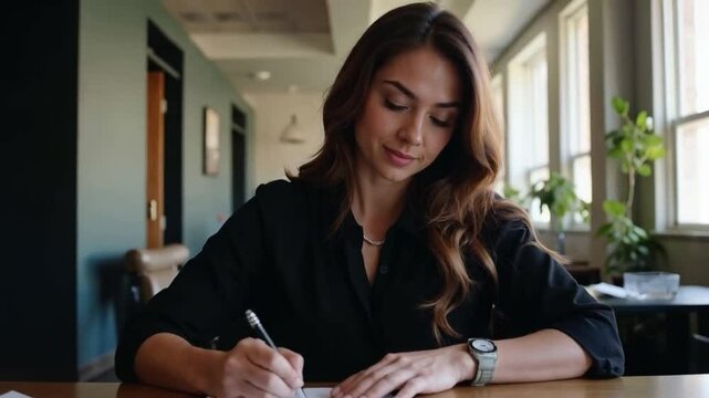 Mujer joven firmando documentos importantes en oficina luminosa y moderna