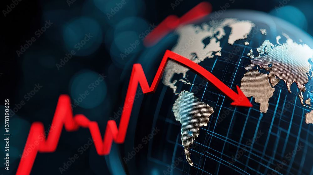 Poster a visual representation of a global economic decline, featuring a globe with a downward red trend li