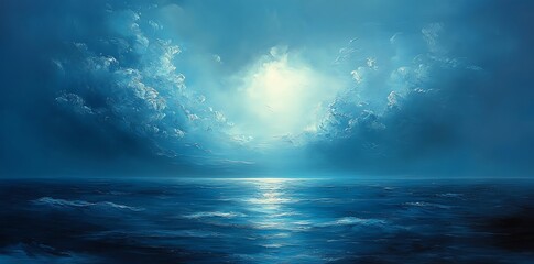 Fototapeta premium Calm Ocean Water Reflecting Light Through Clouds at Night