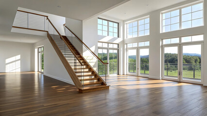 Obraz premium Modern Empty Interior with Staircase and Large Windows