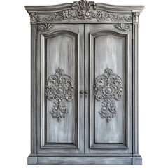 Distressed gray vintage armoire with baroque carvings and antique finish, perfect for dramatic and classic interiors.