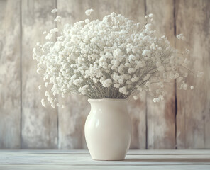 "White Baby’s Breath Flowers in Ceramic Vase – Rustic Floral Decor Stock Photo"