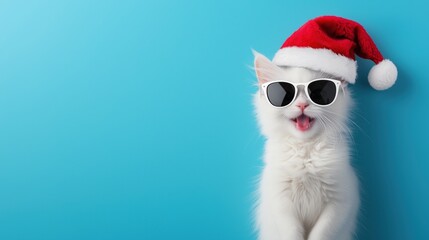 Cool white kitten wearing Santa hat and sunglasses with tongue out against blue background for Christmas and holiday theme