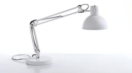 A white lamp with a white shade sits on a white table