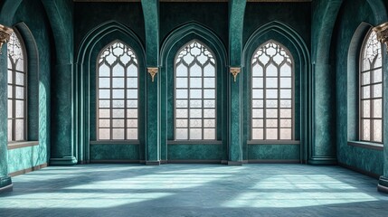 Fototapeta premium Teal Gothic Room, Sunlight, City View, Empty Space, Design