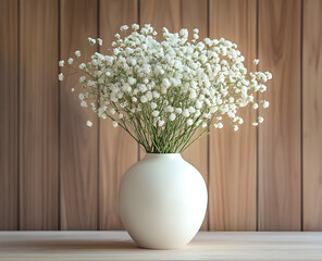 "White Baby’s Breath Flowers in Ceramic Vase – Rustic Floral Decor Stock Photo"