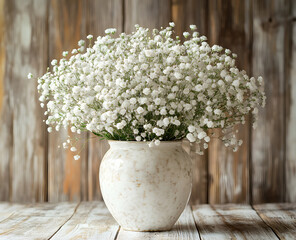 "White Baby’s Breath Flowers in Ceramic Vase – Rustic Floral Decor Stock Photo"