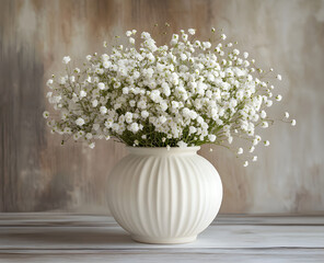 "White Baby’s Breath Flowers in Ceramic Vase – Rustic Floral Decor Stock Photo"
