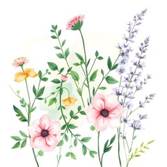 Naklejka premium Delicate Watercolor Floral Bouquet: Pink Lavender and Yellow Blossoms in a Romantic Garden Setting 