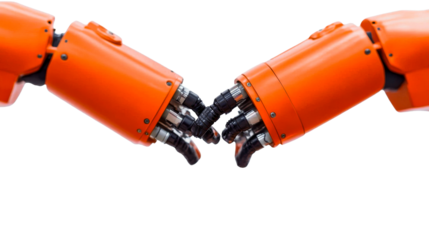 Two Orange Robotic Arms, isolated, and reaching each other, cut out transparent