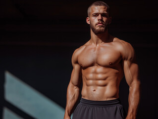 Fototapeta premium Strong male torso with chiseled core highlighted by angled light. Powerful silhouette, shadow, and ripped body reflect perfect form. Core definition and body strength dominate frame
