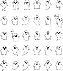 Ghost set. Funny Ghost icons. Cute ghost characters. Design elements for logo, badges, banners, labels, posters. Vector illustration