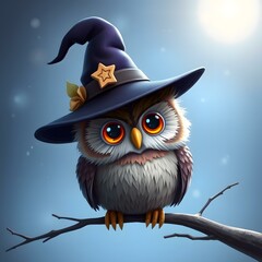 Fototapeta premium Adorable Halloween Owl in Witch's Hat on Branch Against a Blue Sky Background 