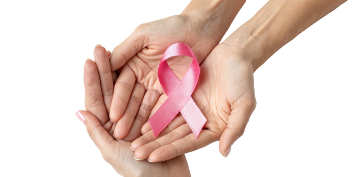 Two pairs of hands gently holding a pink ribbon on a transparent background. Symbol of support, breast cancer awareness, prevention, unity, and care.