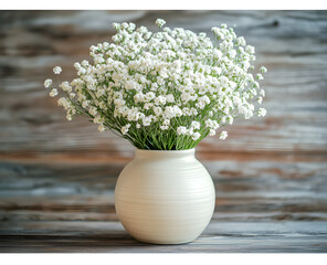 "White Baby’s Breath Flowers in Ceramic Vase – Rustic Floral Decor Stock Photo"