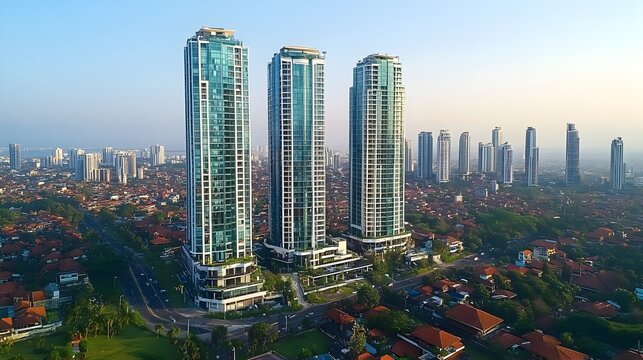 Three modern skyscrapers rise majestically above a sprawling cityscape at sunrise showcasing a stunning architectural achievement and urban