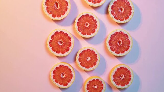 Vibrant grapefruit slices create dynamic patterns on soft pink background