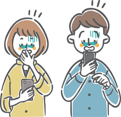 スマホを見て驚く夫婦　上半身　ベクター