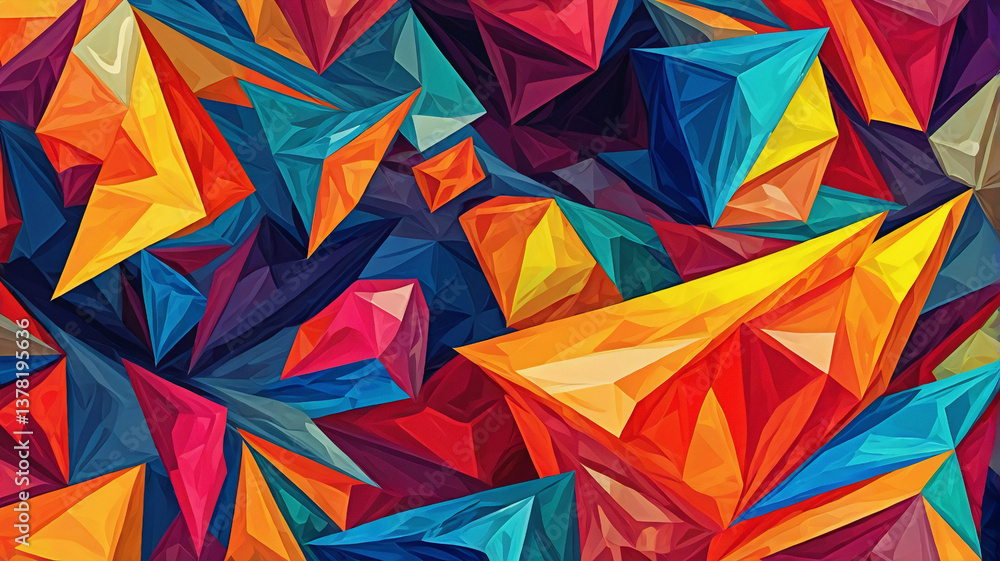 Poster vibrant abstract art featuring dynamic geometric shapes in a spectrum of colors. sharp triangles and
