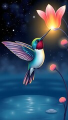 Hummingbird's Night Flight: A Celestial Encounter with Luminous Blooms                                                  