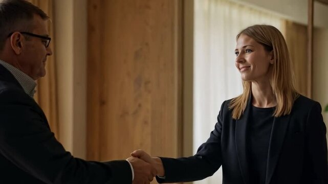 Ejecutiva estrechando la mano de un cliente durante una negociaci&oacute;n empresarial
