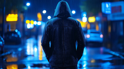 Hooded figure standing alone on neon-lit rainy street at night for cyberpunk themes, thriller posters, and mystery storytelling visuals