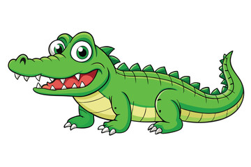 Naklejka premium Cartoonish Green Crocodile Smiling with Sharp Teeth on White Background