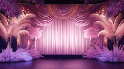 Glamorous pink and purple stage with tropical feather palms and draped curtains for fashion shows, drag performances, and luxury event backdrops