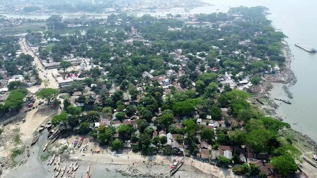 Chandpur, Bangladesh 30th March, 2025 : Chandpur is the estuary of three major rivers in Bangladesh. Drone view of Chandpur city, the city of Hilsa fish.Natural view and skyline of chandpur city.