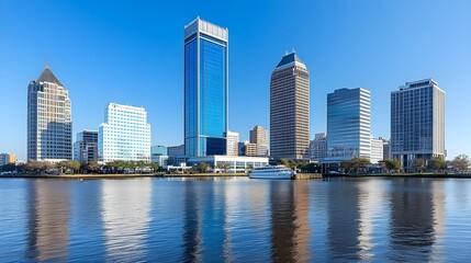 Naklejka premium A stunning cityscape panorama showcases a vibrant waterfront with modern skyscrapers reflecting in calm blue water under a bright sunny sky.
