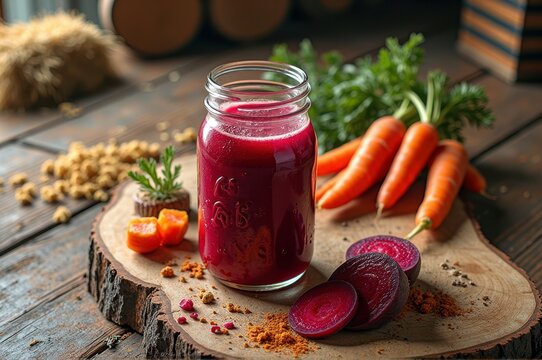 Fresh beet juice in a mason jar with carrots and vegetables on rustic wood slice
