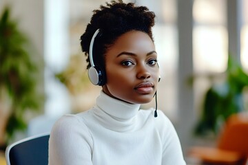 Confident black customer service representative working in office