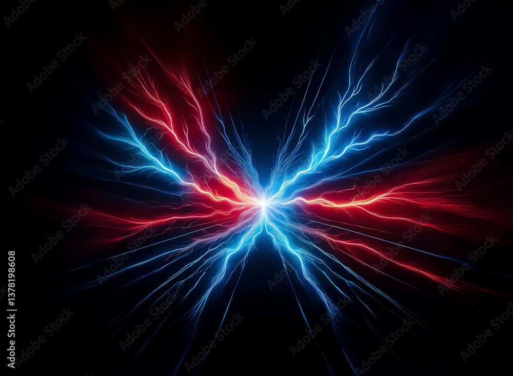 Poster Vibrant red and blue lightning bolts erupt from a bright center against a dark backdrop, creating an abstract display of energy and power.  Striking visual with dynamic lines.