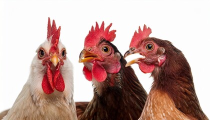 portrait of a funny chickens closeup isolated on white background