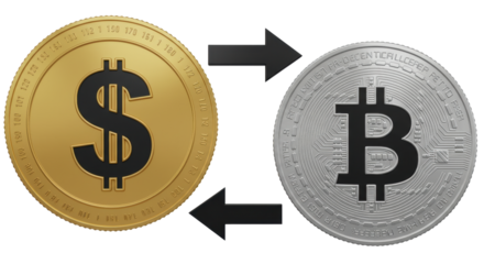 Isolated Dollar and Bitcoin Coins with Arrows, Cryptocurrency Exchange